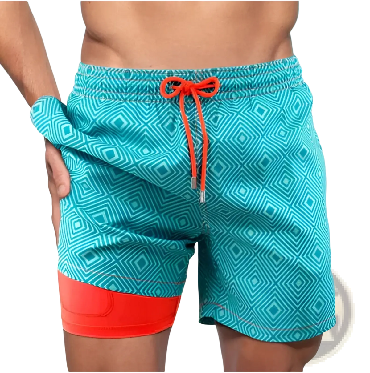 Men’s teal geometric print double layer beach shorts with orange drawstring and trim for swimming and beachwear
