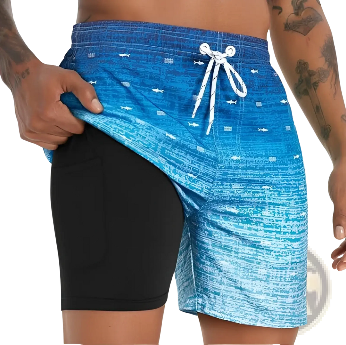 Men’s geometric print double layer beach shorts in blue gradient with white shark wave patterns and drawstring waistband