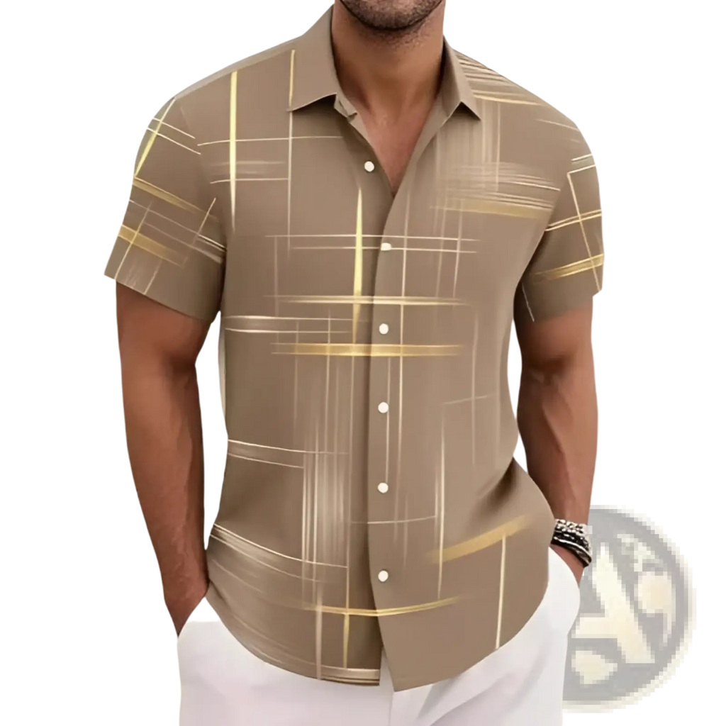 Men’s beige short sleeve button shirt with geometric gold grid pattern ideal for casual and semi-formal wear