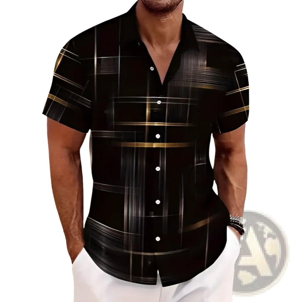 Men’s black short sleeve button shirt with geometric pattern of intersecting gold and silver lines