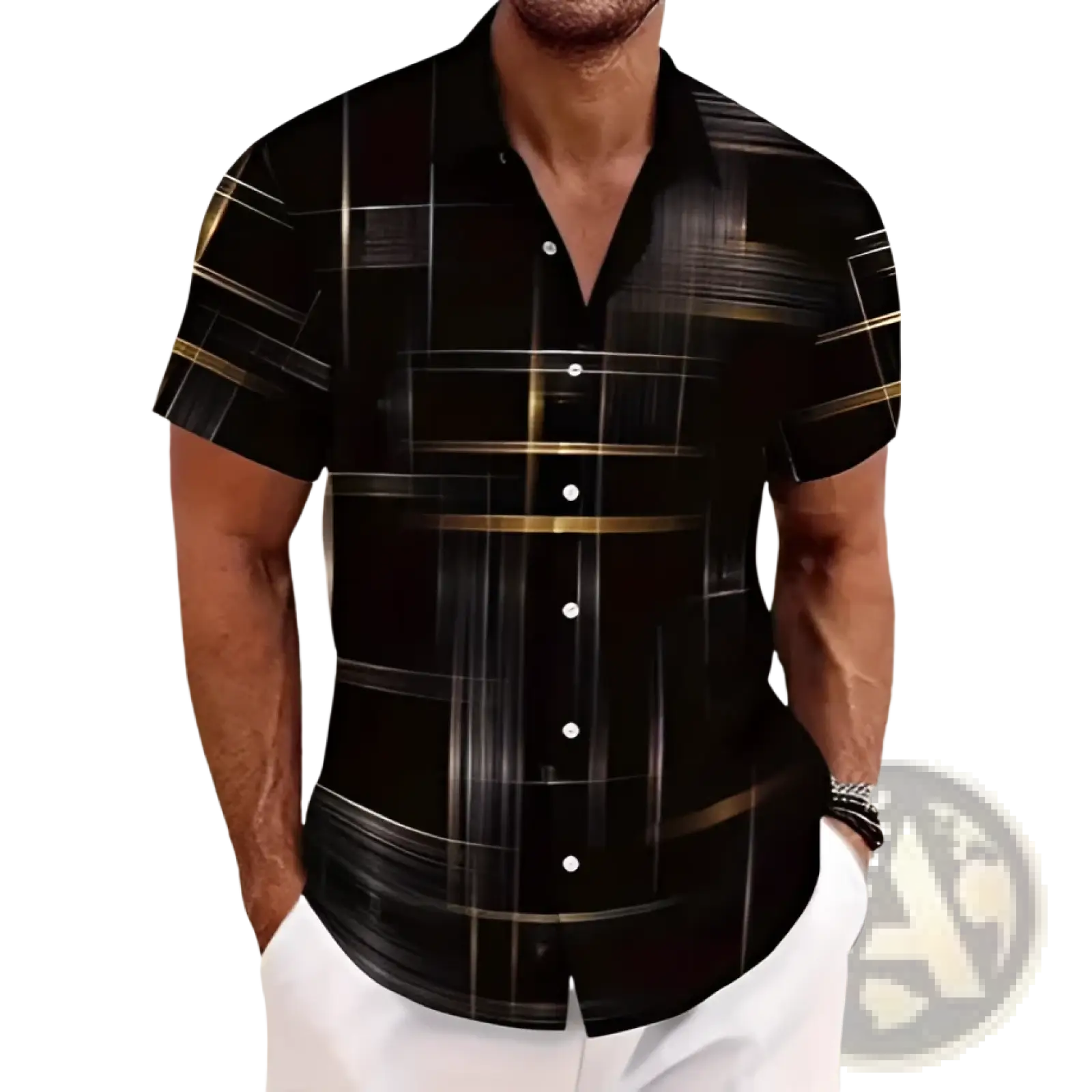 Men’s black short sleeve button shirt with geometric pattern of intersecting gold and silver lines