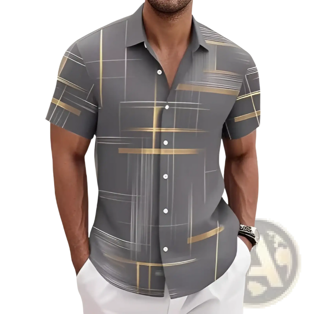 Men’s gray short sleeve button shirt with a geometric pattern of gold and white lines for casual wear