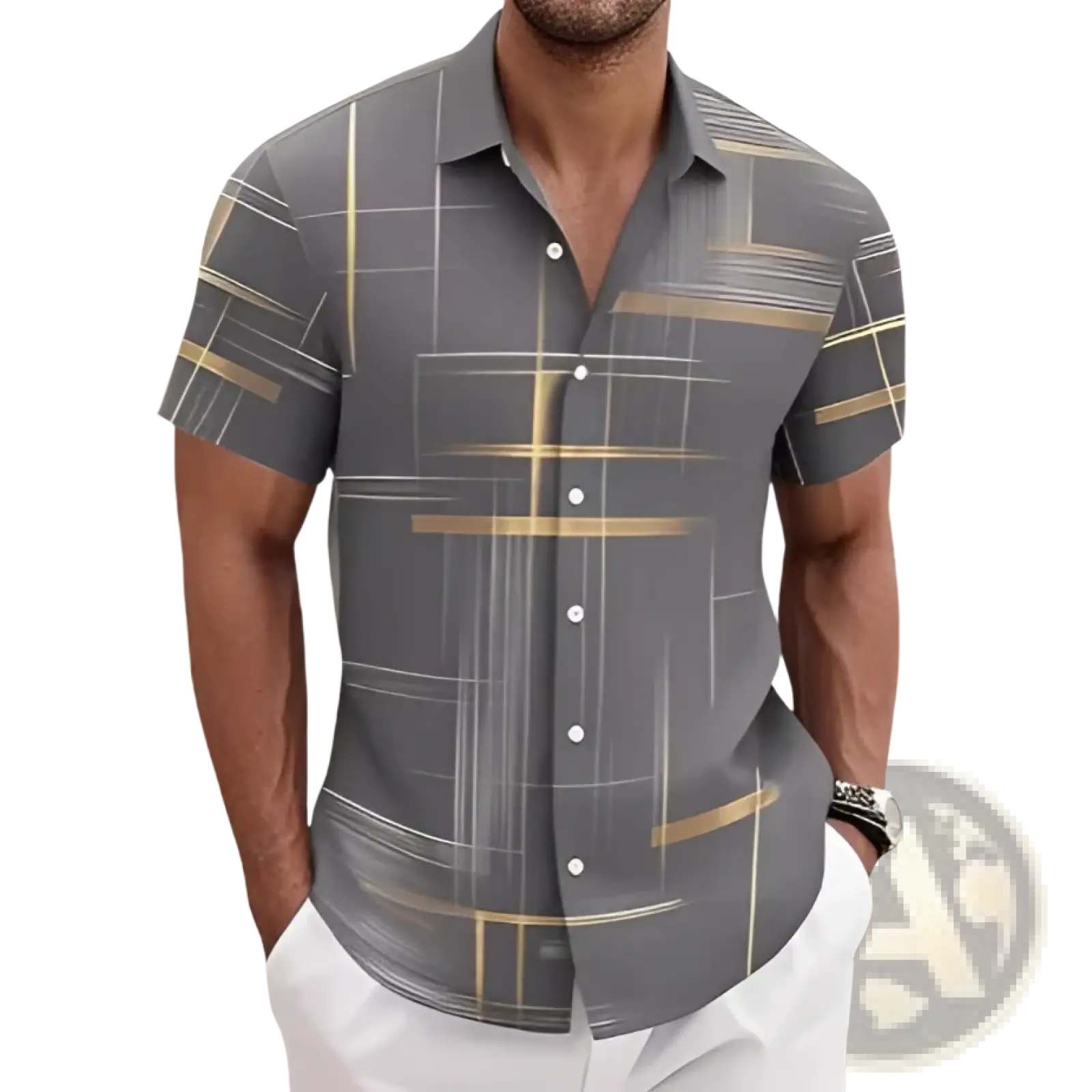 Men’s gray short sleeve button shirt with a geometric pattern of gold and white lines for casual wear
