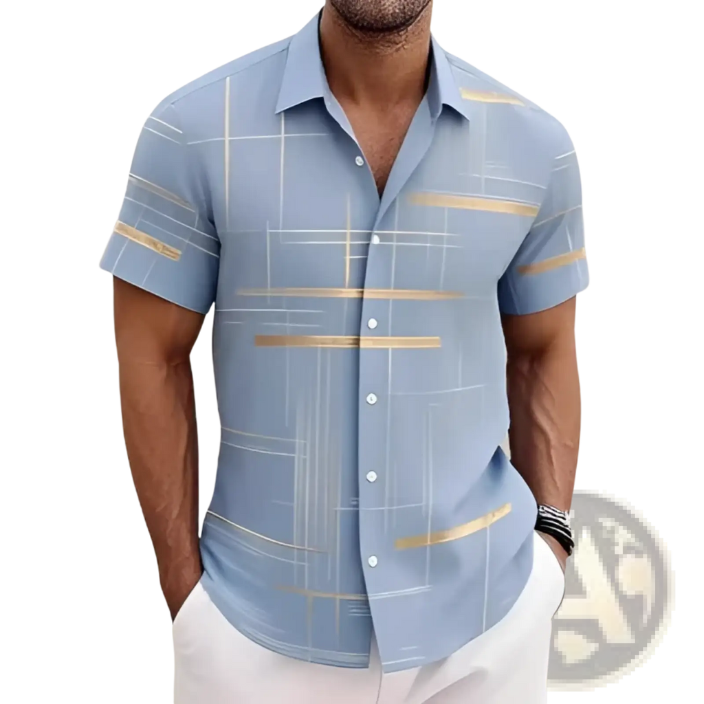 Men’s geometric short sleeve button shirt in light blue with gold horizontal and vertical stripes