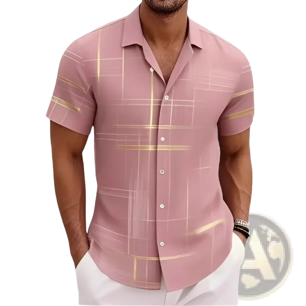 Men’s pink short sleeve button shirt with subtle gold geometric pattern ideal for casual and semi-formal wear