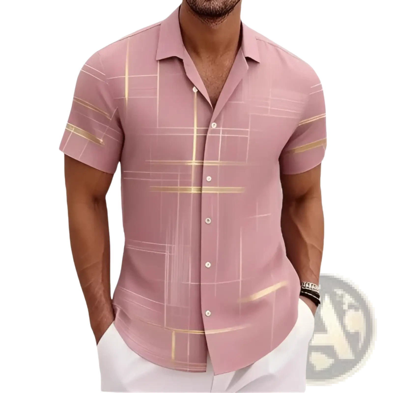 Men’s pink short sleeve button shirt with subtle gold geometric pattern ideal for casual and semi-formal wear
