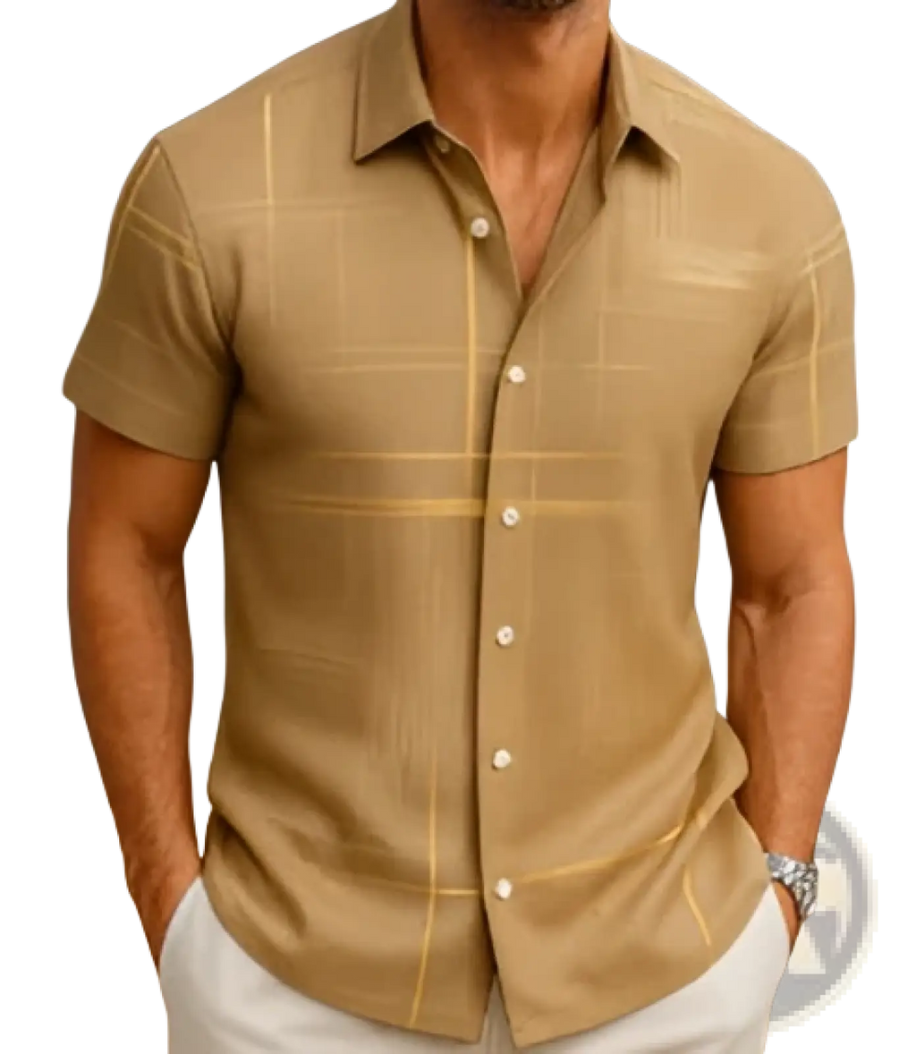 Men’s beige geometric short sleeve button shirt with subtle light gold grid pattern perfect for casual wear