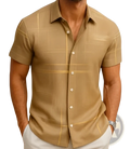 Men’s beige geometric short sleeve button shirt with subtle light gold grid pattern perfect for casual wear