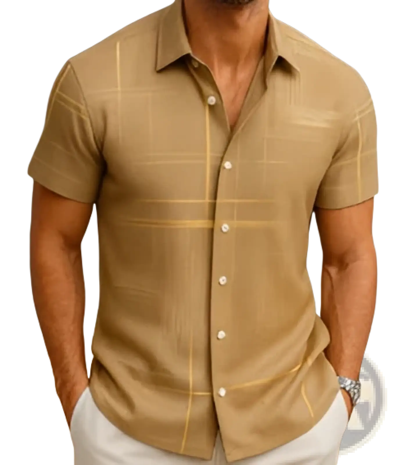 Men’s beige geometric short sleeve button shirt with subtle light gold grid pattern perfect for casual wear