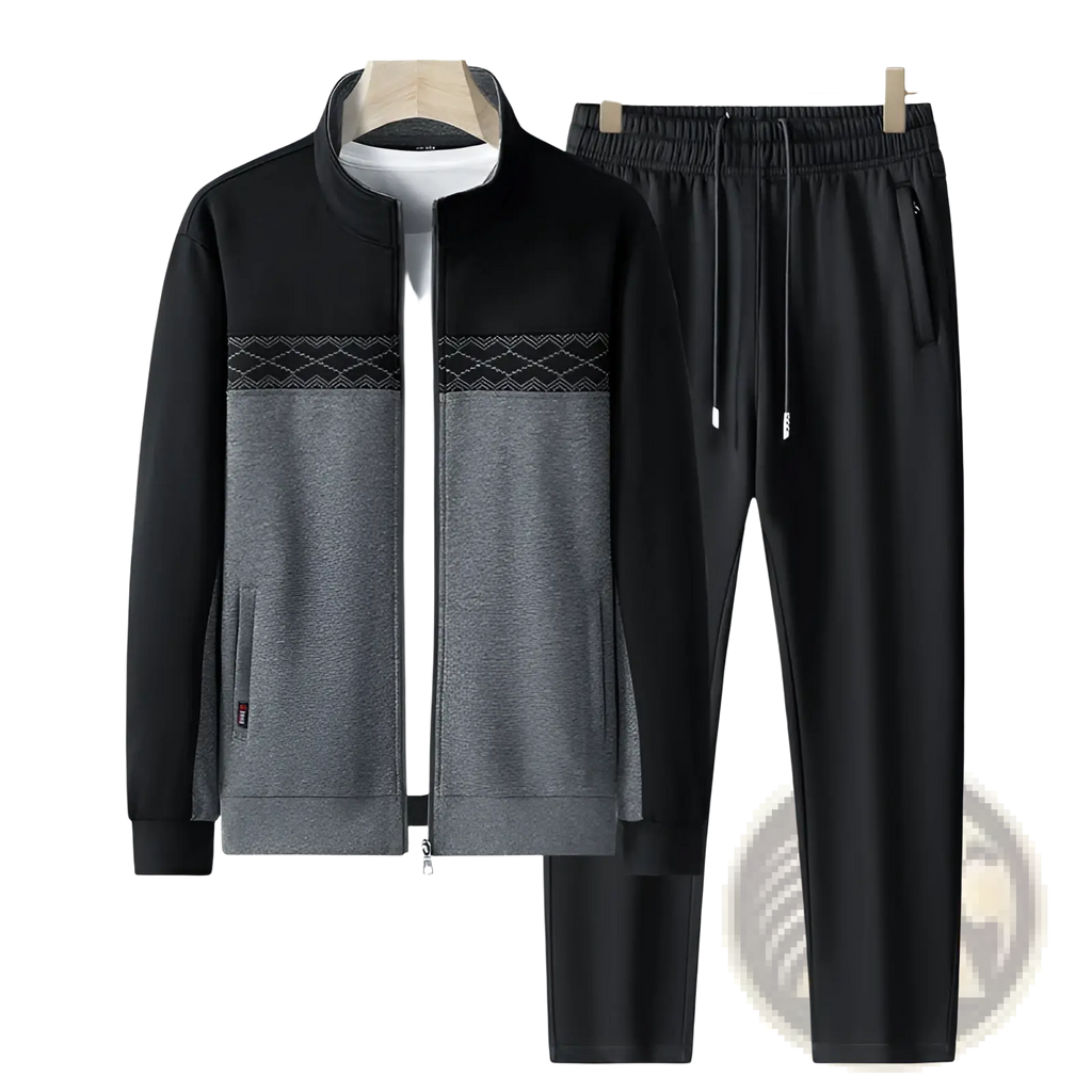 Men’s black and gray geometric two-piece athletic set with zip-up jacket and matching drawstring pants for spring casual wear
