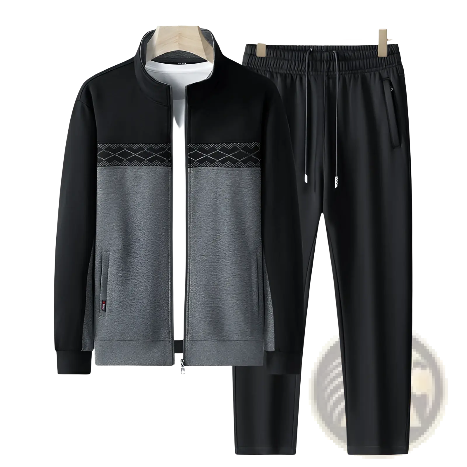 Men’s black and gray geometric two-piece athletic set with zip-up jacket and matching drawstring pants for spring casual wear