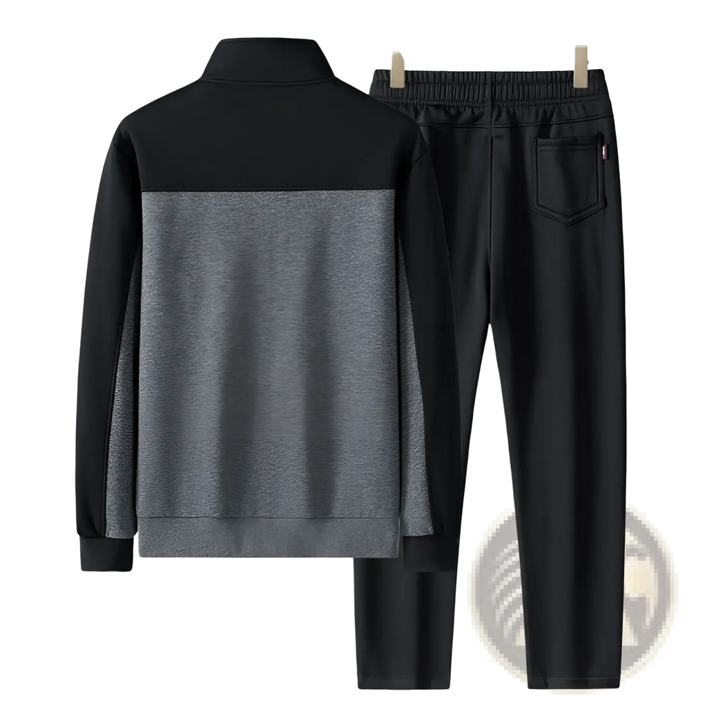 Men’s geometric tracksuit spring casual athletic set in black and heather gray with high collar jacket and elastic waist pants