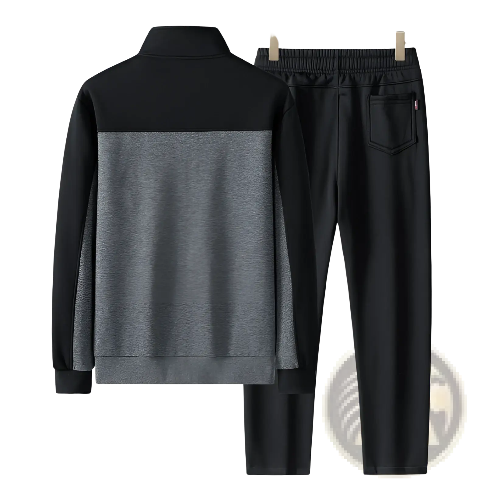 Men’s geometric tracksuit spring casual athletic set in black and heather gray with high collar jacket and elastic waist pants