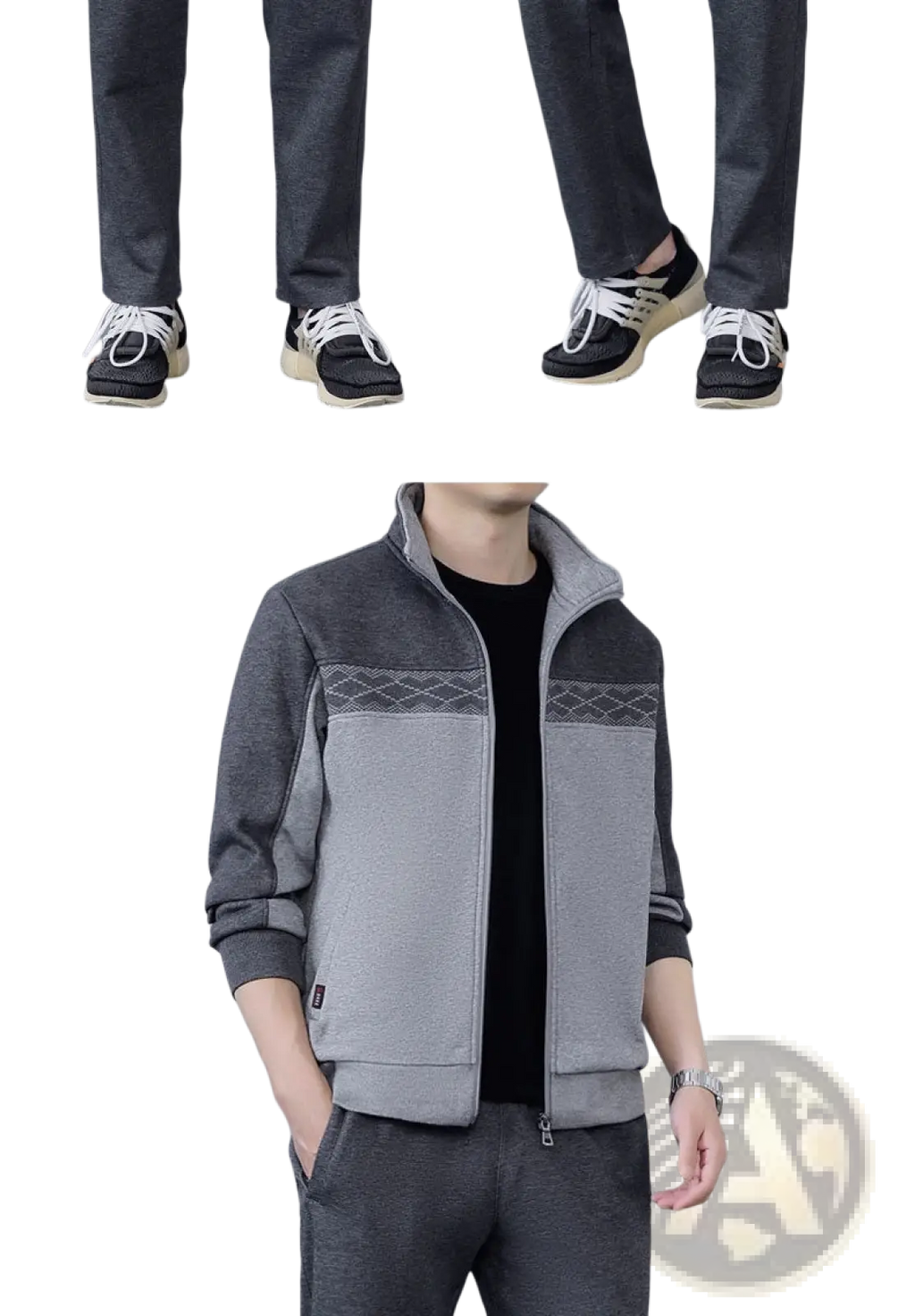 Men’s gray and black zip-up jacket with textured diamond-patterned panel for casual athletic wear in spring