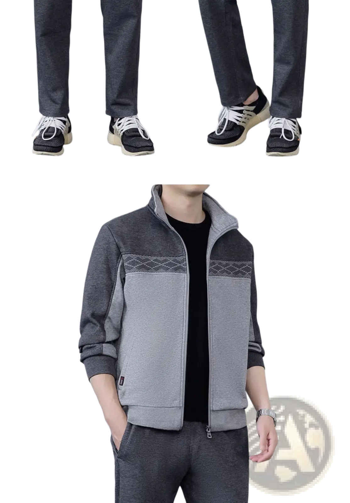 Men’s gray and black zip-up jacket with textured diamond-patterned panel for casual athletic wear in spring