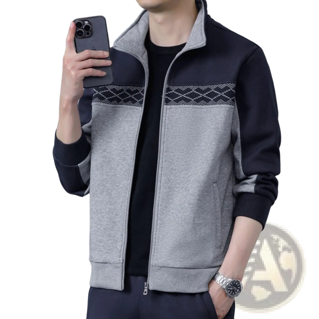 Men’s gray and black zip-up jacket with geometric patterned chest band for casual spring athletic wear