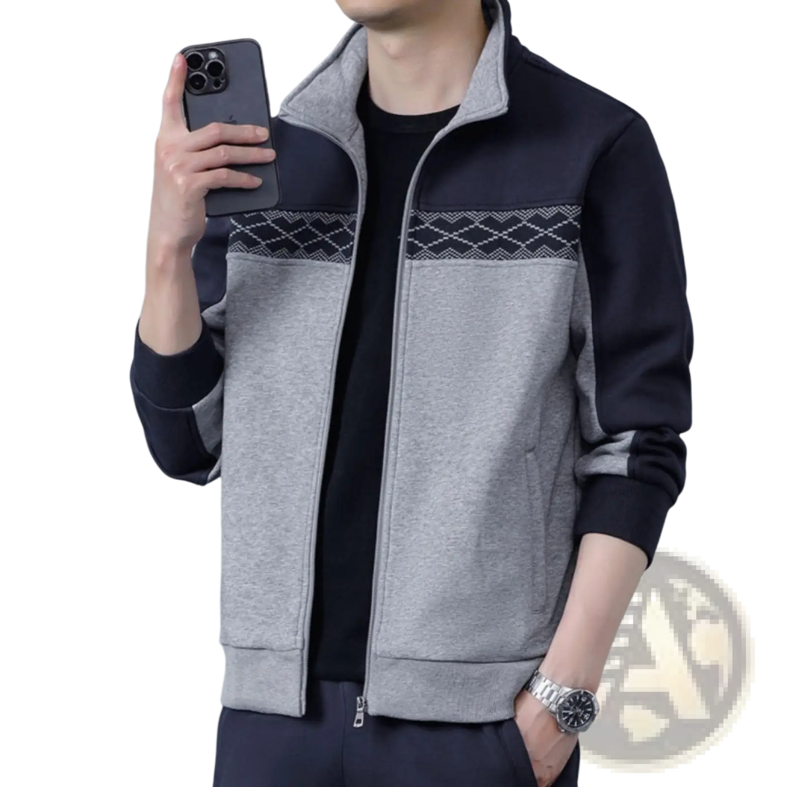 Men’s gray and black zip-up jacket with geometric patterned chest band for casual spring athletic wear