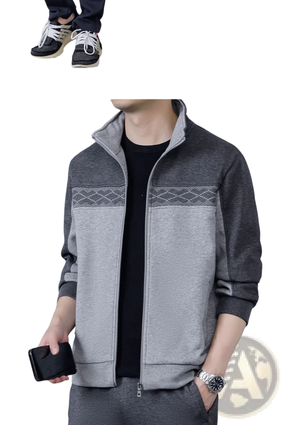 Men’s geometric tracksuit spring casual athletic set gray zip-up jacket with textured diamond pattern across chest