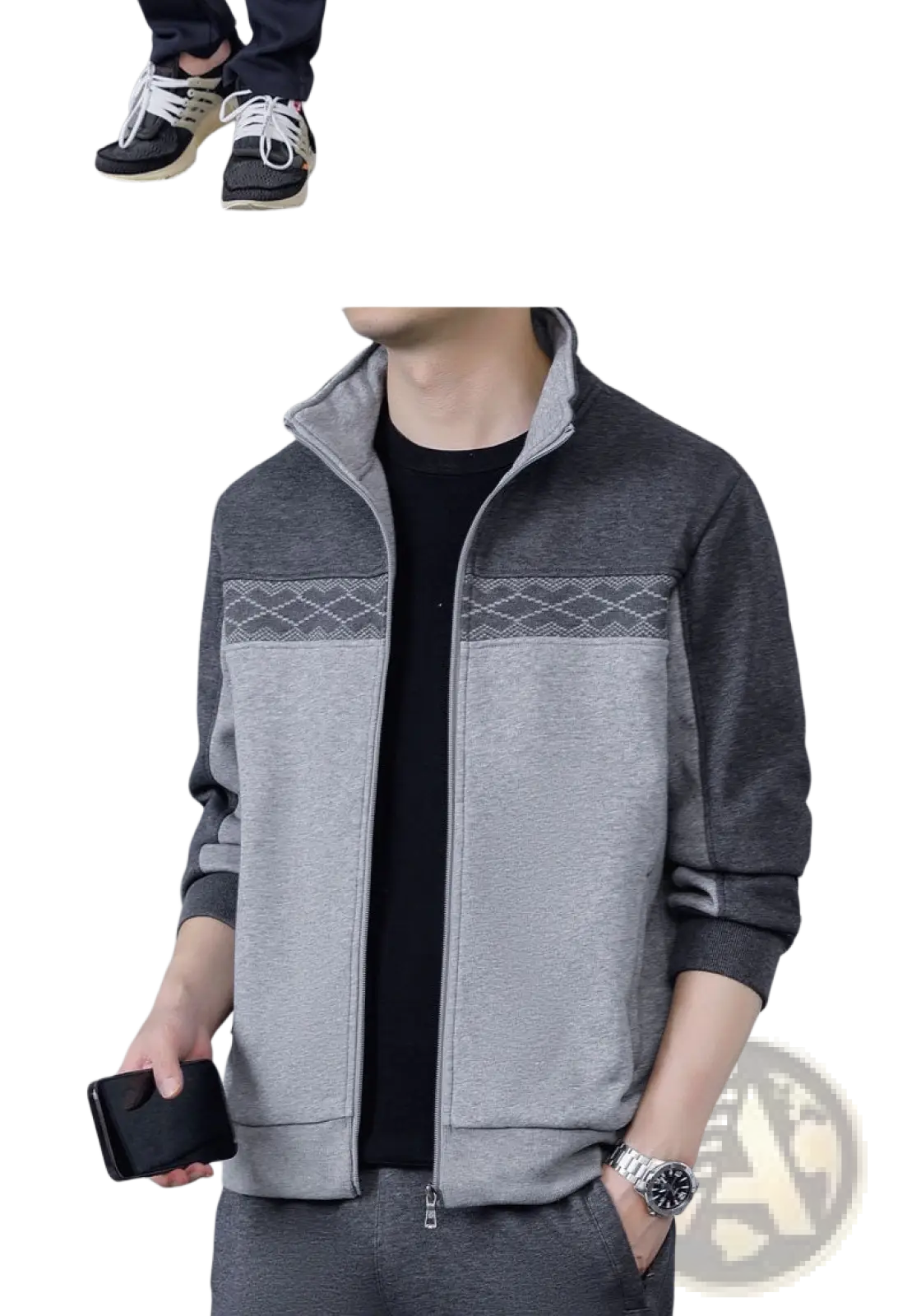 Men’s geometric tracksuit spring casual athletic set gray zip-up jacket with textured diamond pattern across chest