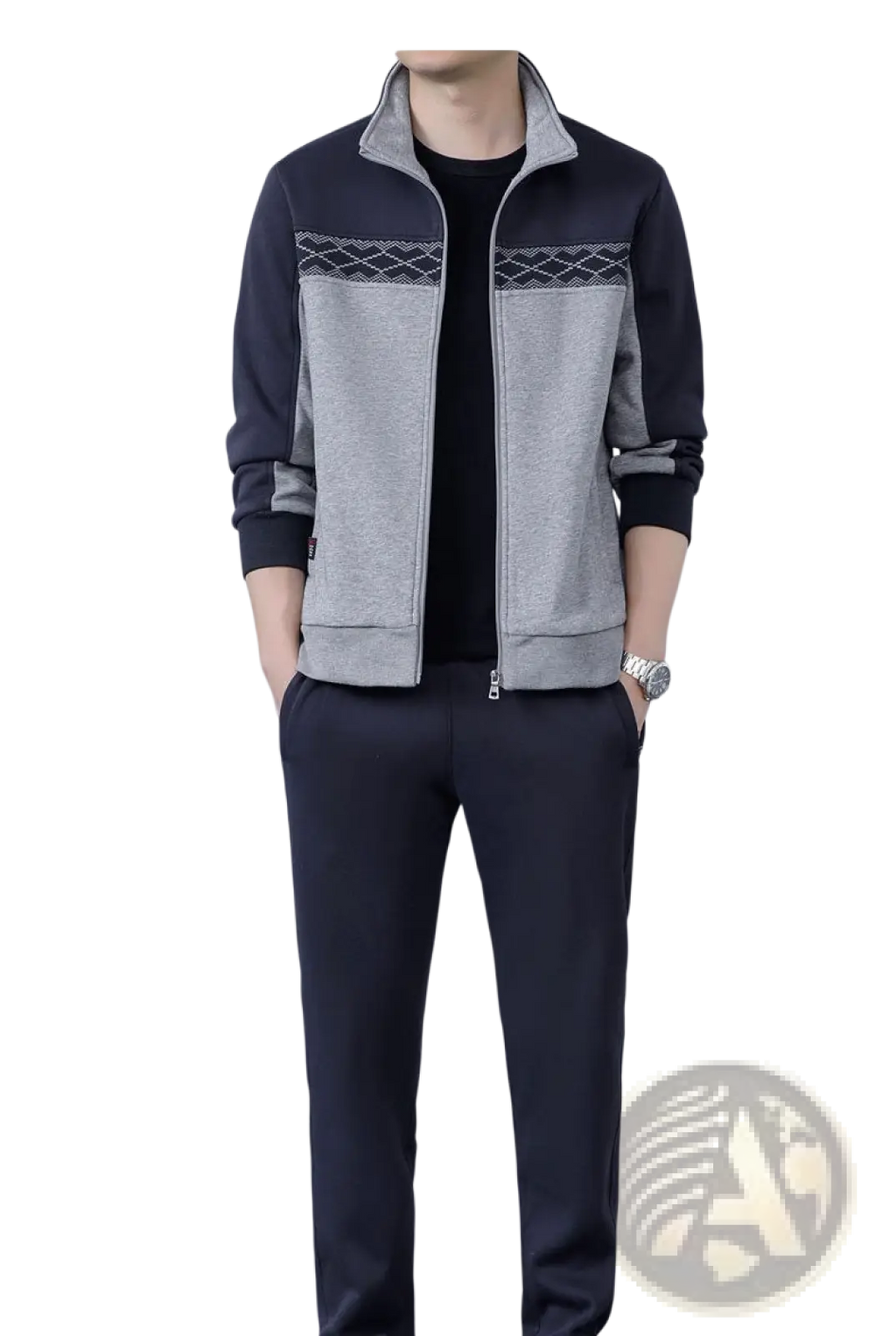 Men’s geometric tracksuit navy and gray two-tone zip-up track jacket with textured diamond pattern for casual athletic use