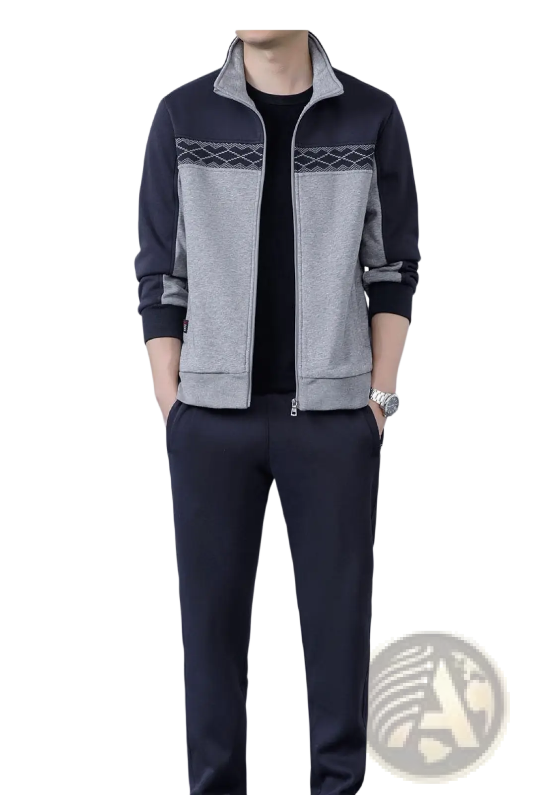 Men’s geometric tracksuit navy and gray two-tone zip-up track jacket with textured diamond pattern for casual athletic use
