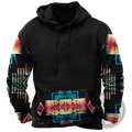 Men’s black geometric tribal print streetwear pullover hoodie with vibrant pink teal yellow and green patterns on sleeves and pocket