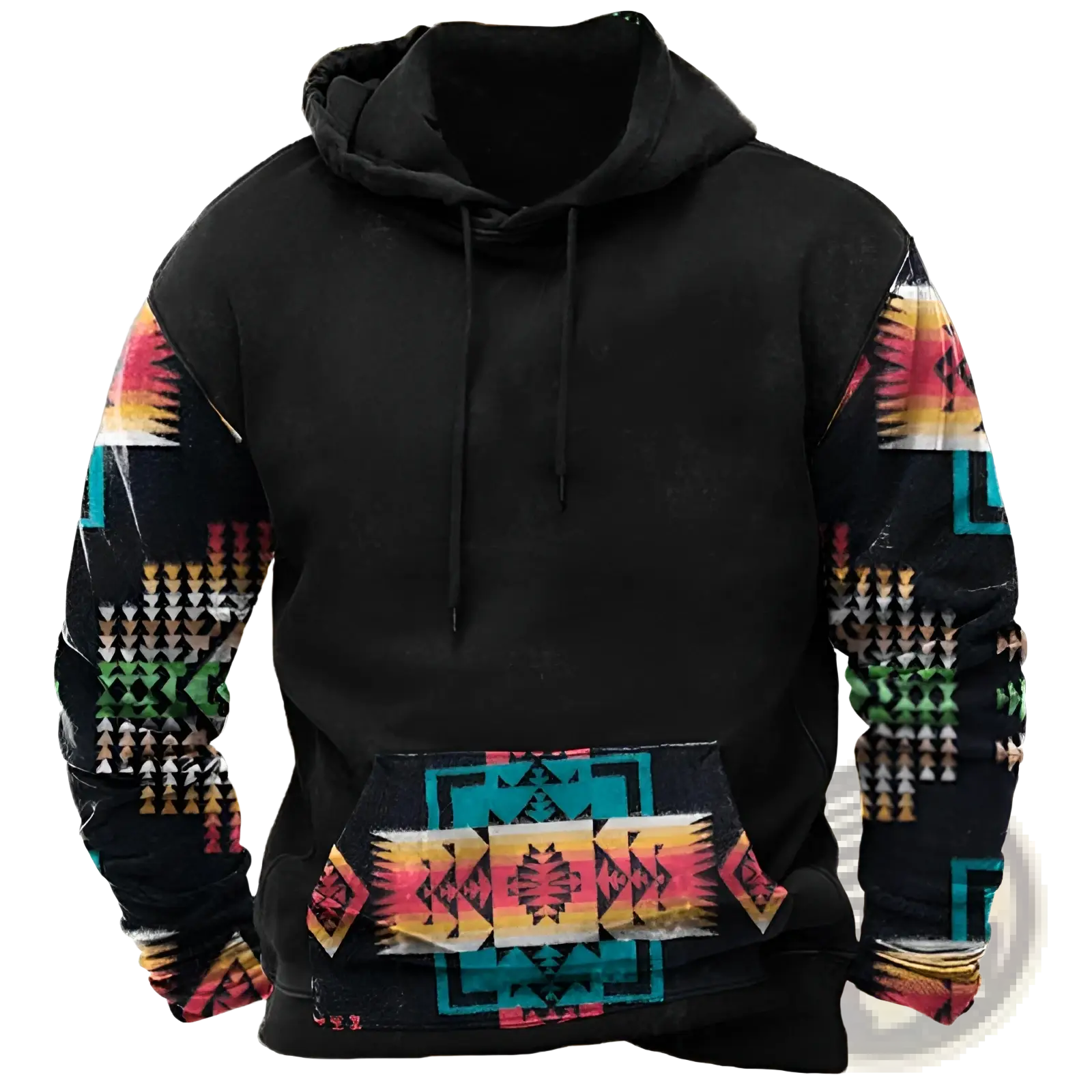 Men’s black geometric tribal print streetwear pullover hoodie with vibrant pink teal yellow and green patterns on sleeves and pocket