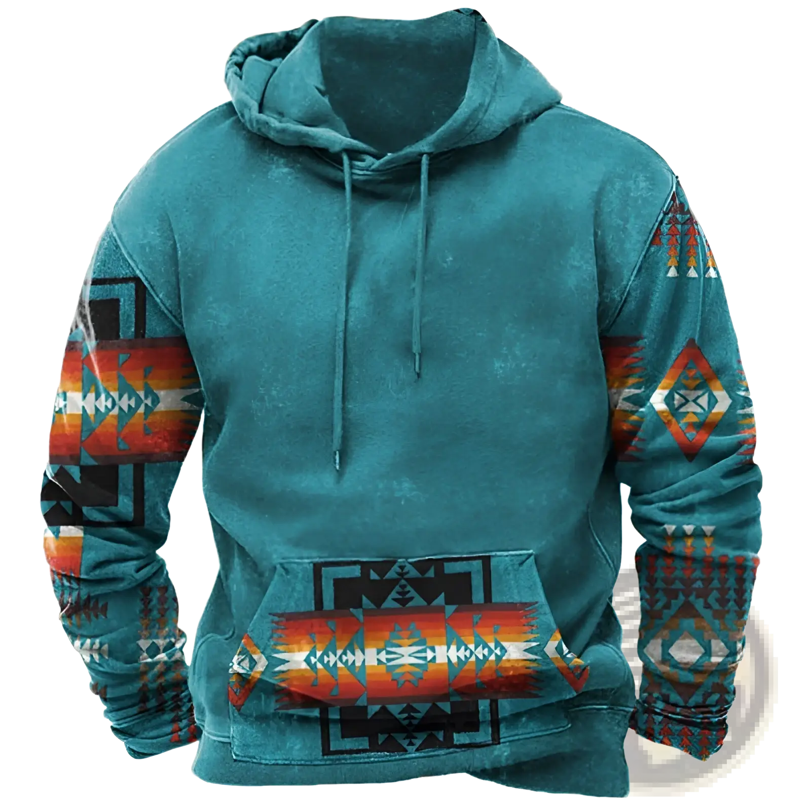 Men’s teal geometric tribal print streetwear pullover hoodie with faded distressed texture and vibrant sleeve patterns