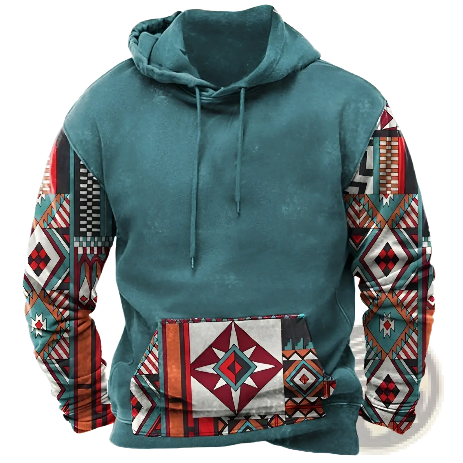 Men’s geometric tribal print streetwear pullover hoodie in teal with earthy toned geometric patterned sleeves and pocket