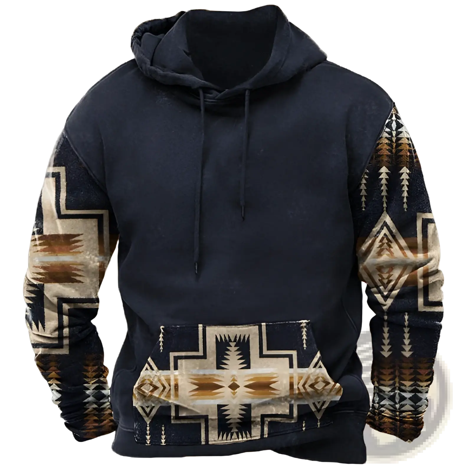 Men’s dark navy geometric tribal print streetwear pullover hoodie with beige tan and black patterns on sleeves and pocket