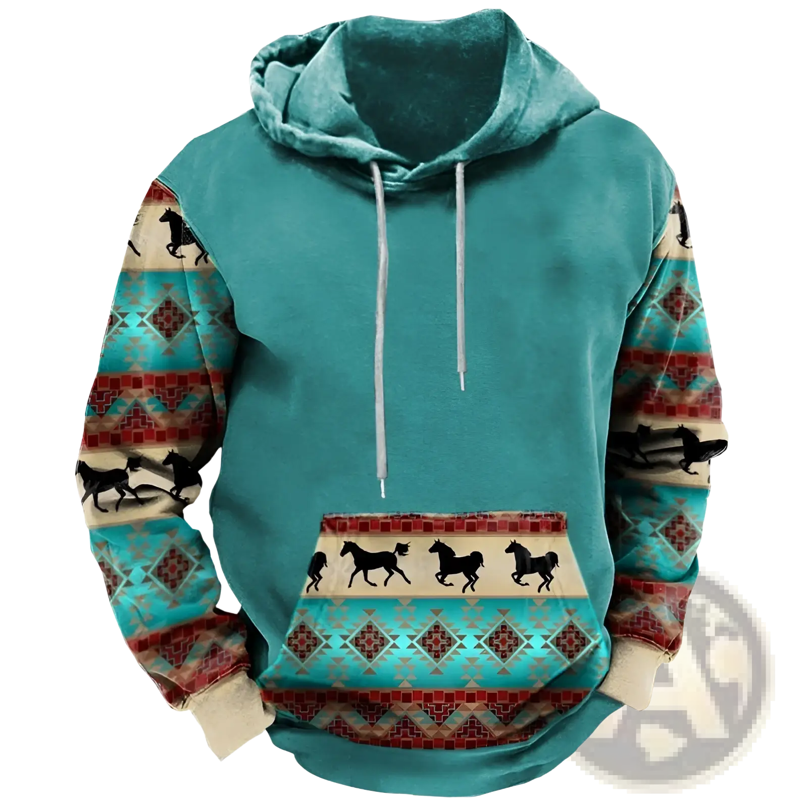 Men’s teal hooded sweatshirt with black horse silhouettes and red beige turquoise geometric tribal print patterns