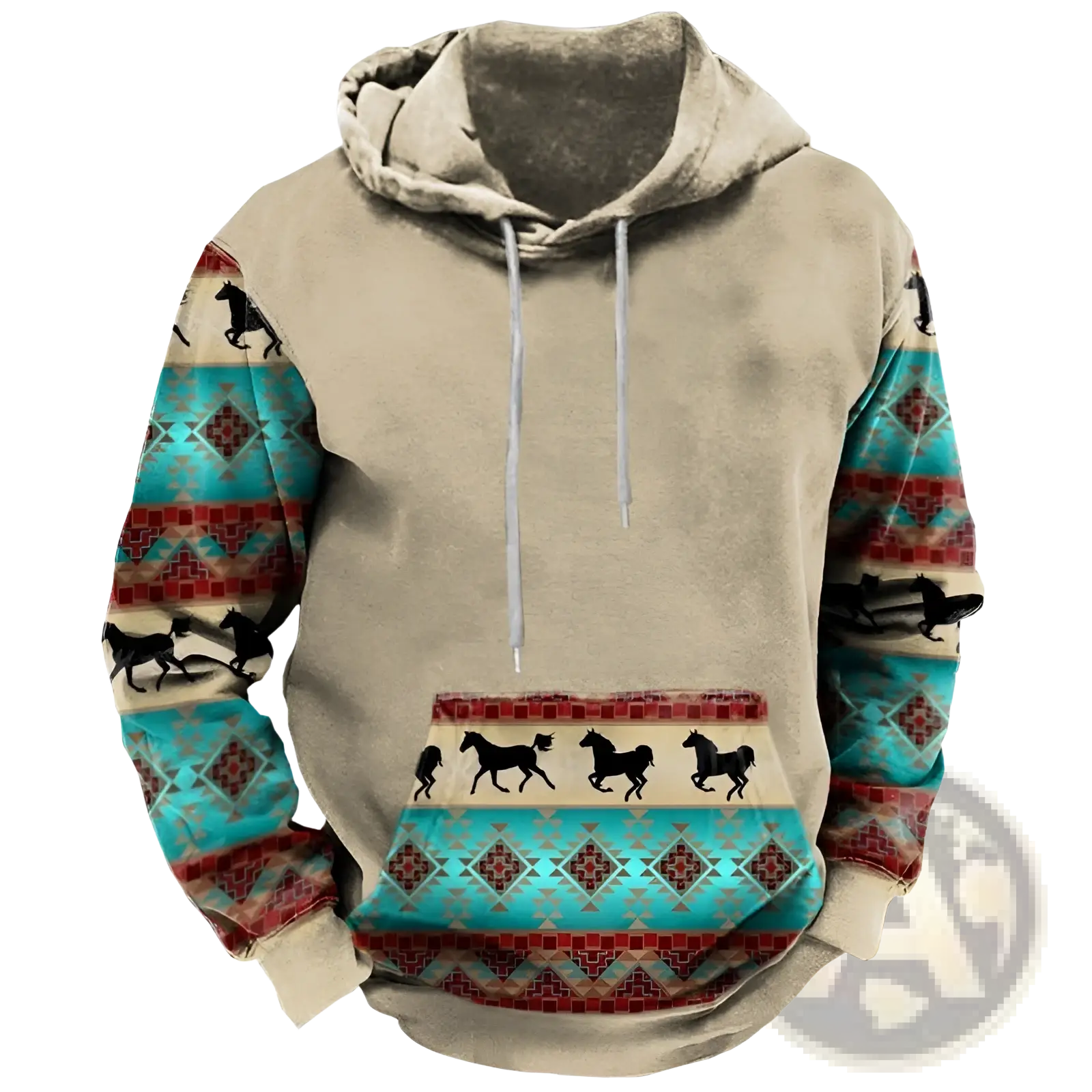 Men’s beige geometric tribal print streetwear pullover hoodie with turquoise red patterns and black horse silhouettes