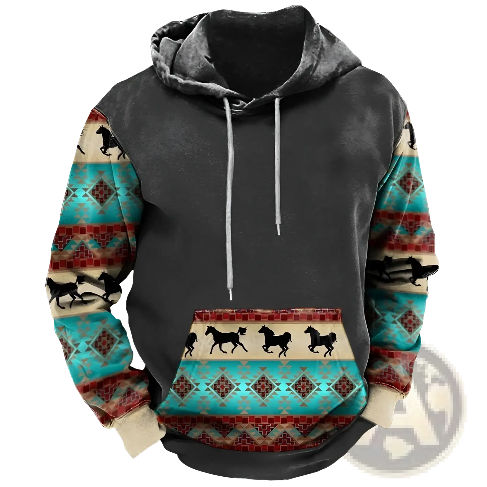 Men’s dark gray pullover hoodie with vibrant turquoise red beige geometric prints and black horse silhouettes on sleeves pocket