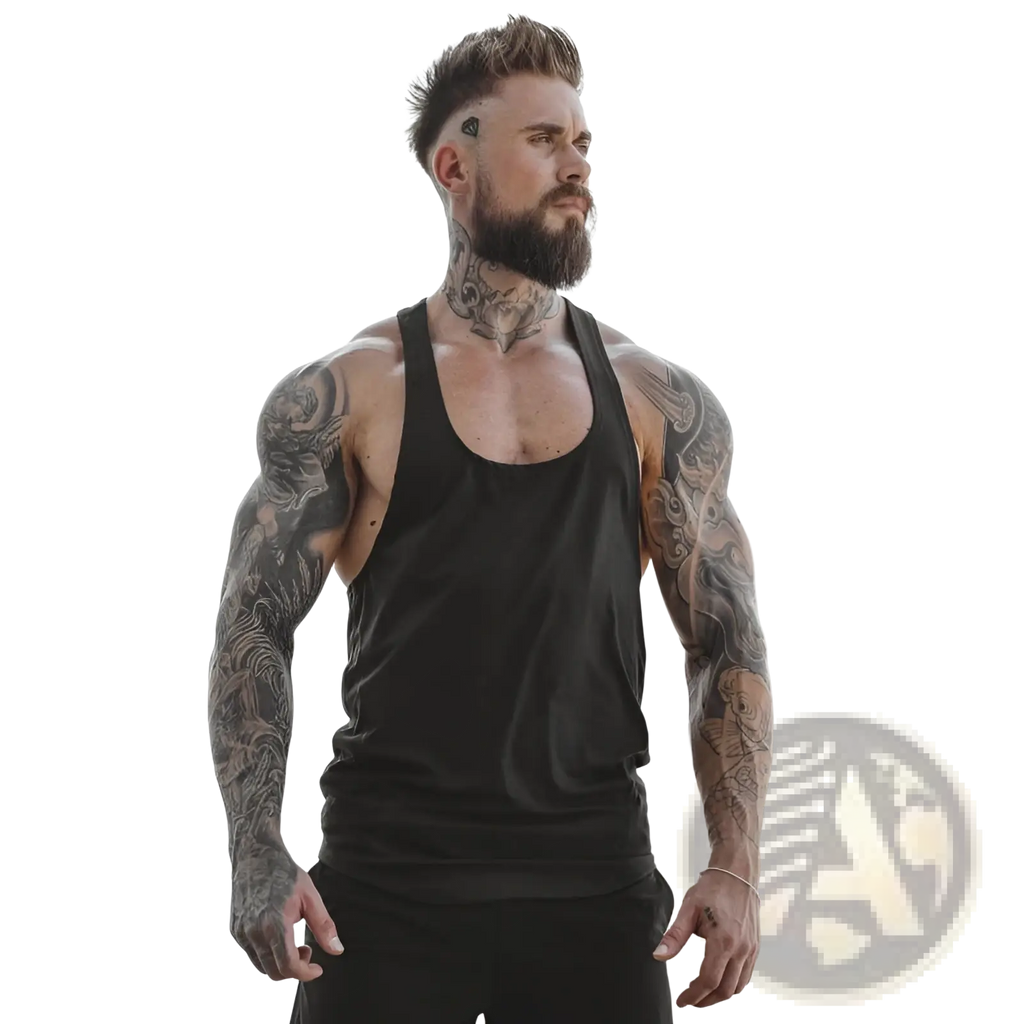 Men’s go hard racerback athletic tank top in black sleeveless fitted design for workout and casual wear