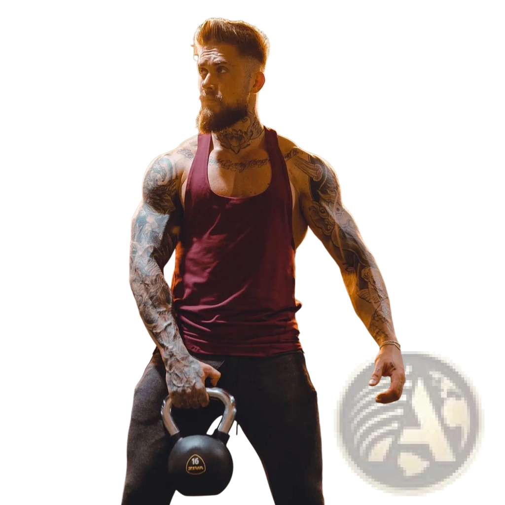 Black 16-pound kettlebell with silver handle and gold logo alongside men’s go hard racerback athletic tank top