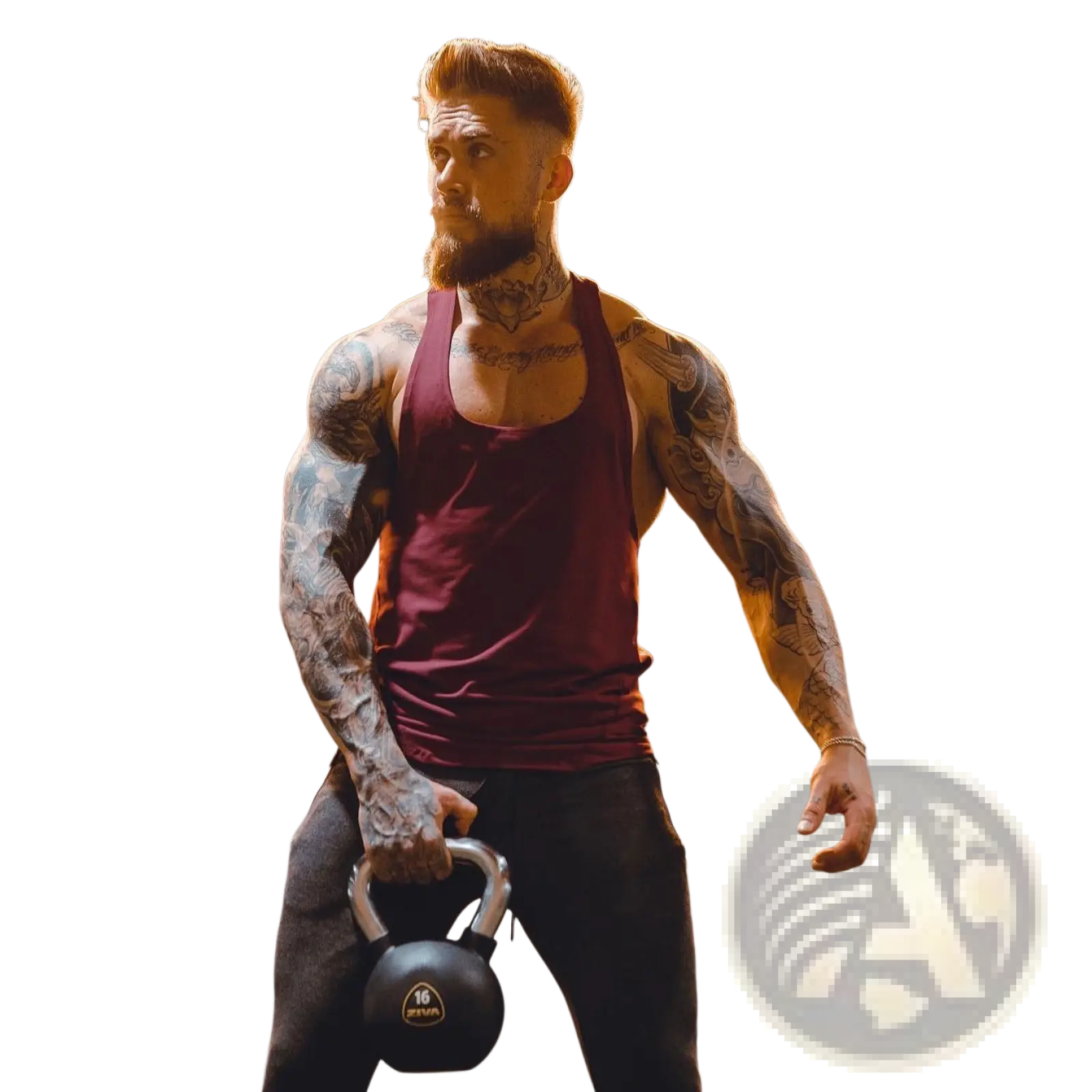 Black 16-pound kettlebell with silver handle and gold logo alongside men’s go hard racerback athletic tank top