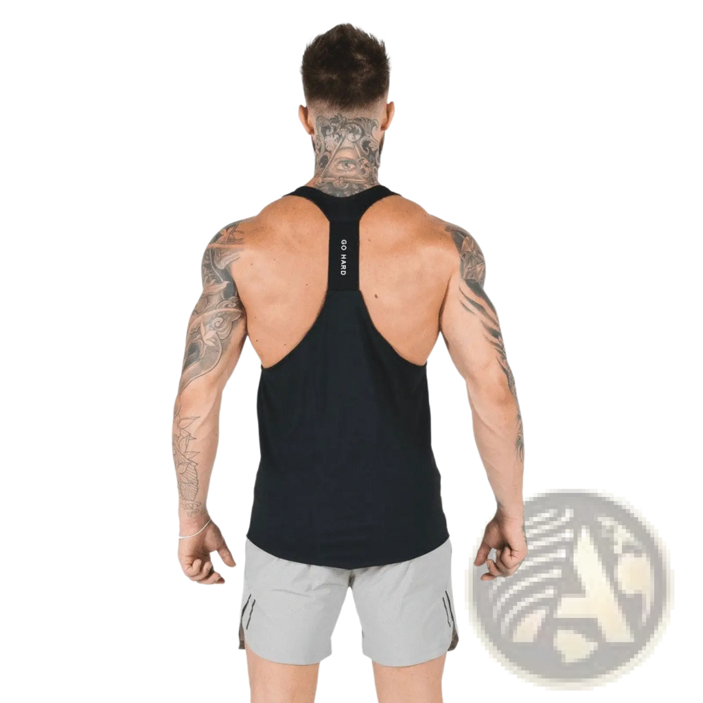 Men’s black racerback athletic tank top with go hard text on the back strap for intense workouts