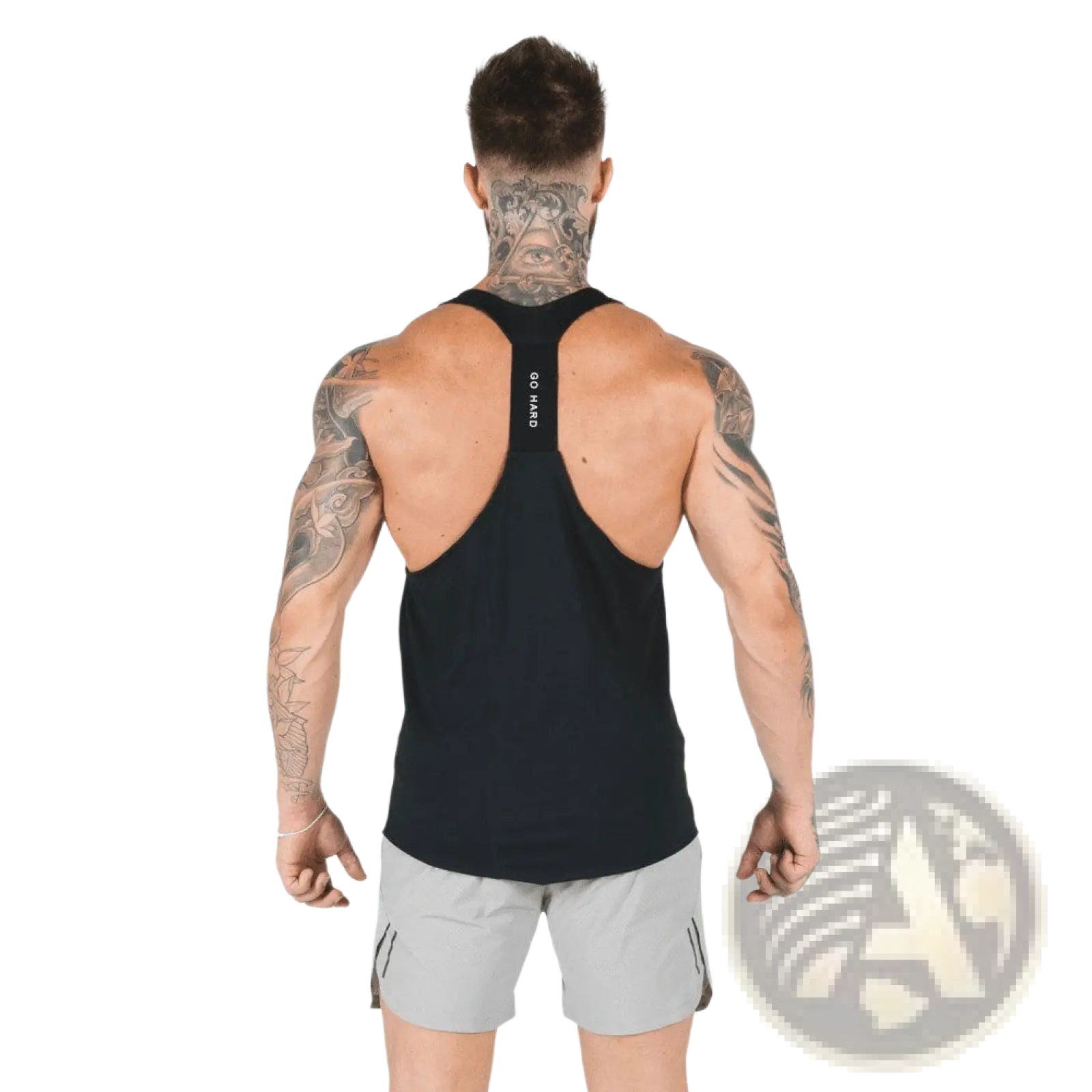 Men’s black racerback athletic tank top with go hard text on the back strap for intense workouts