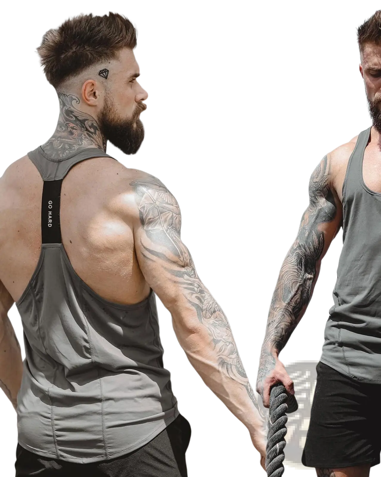 Men’s gray sleeveless athletic tank top with black shoulder strap and go hard text for intense workouts