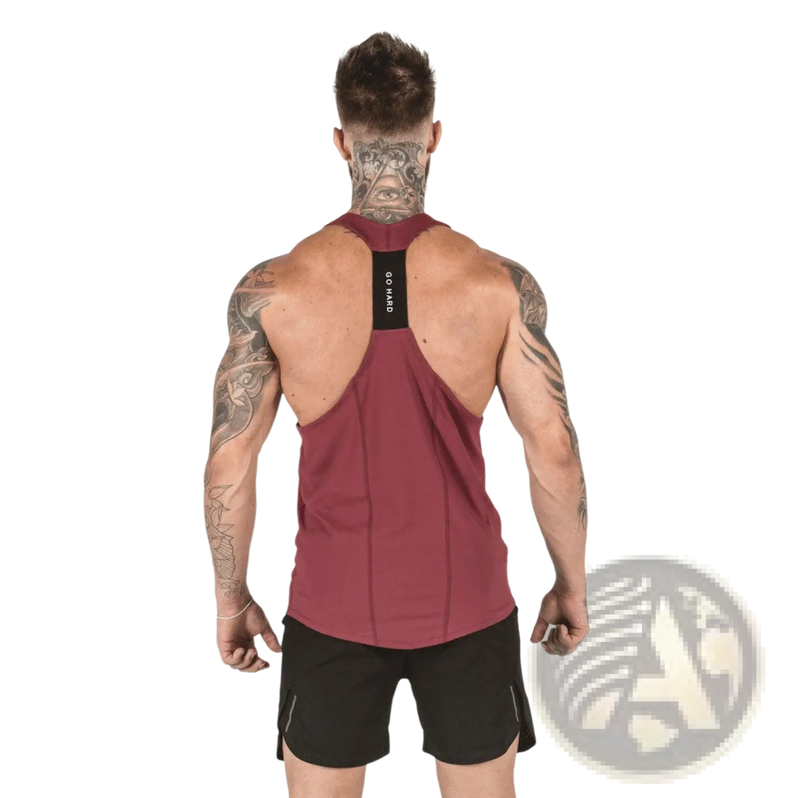 Men’s go hard racerback athletic tank top in maroon with black back panel featuring go hard branding