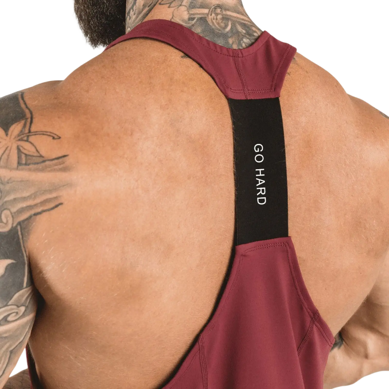 Men’s maroon go hard racerback athletic tank top with black strap shown from the back for high-performance training