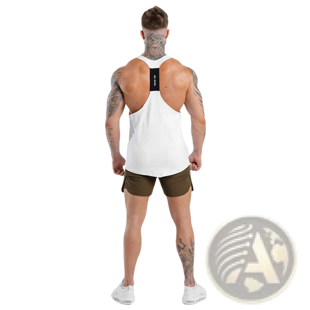 Men’s go hard racerback athletic tank top back side showing white fabric with black panel and vertical text design