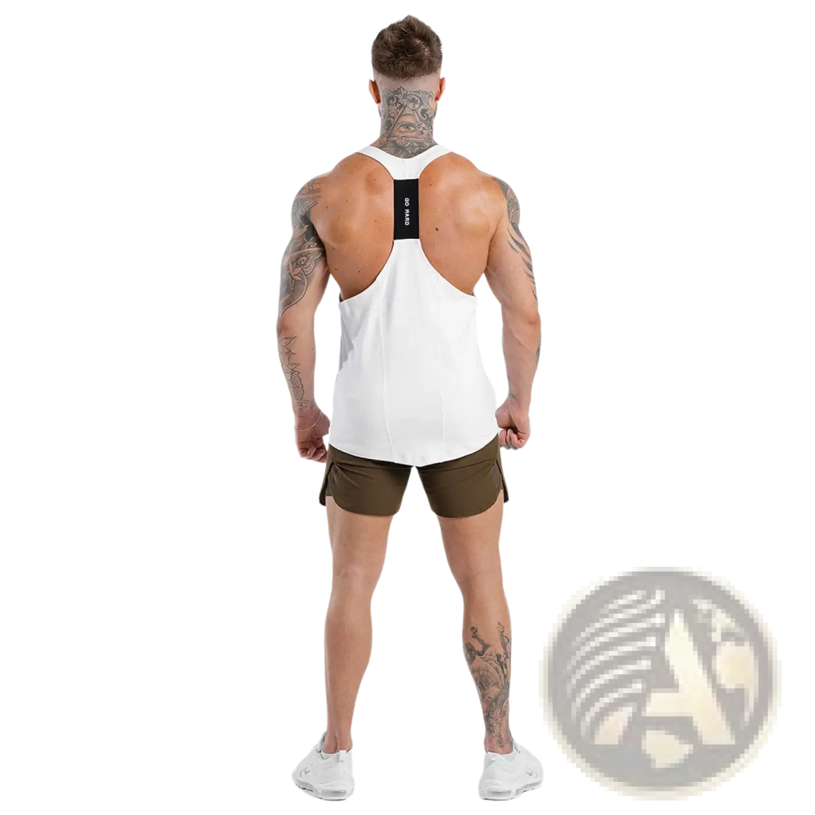 Men’s go hard racerback athletic tank top back side showing white fabric with black panel and vertical text design