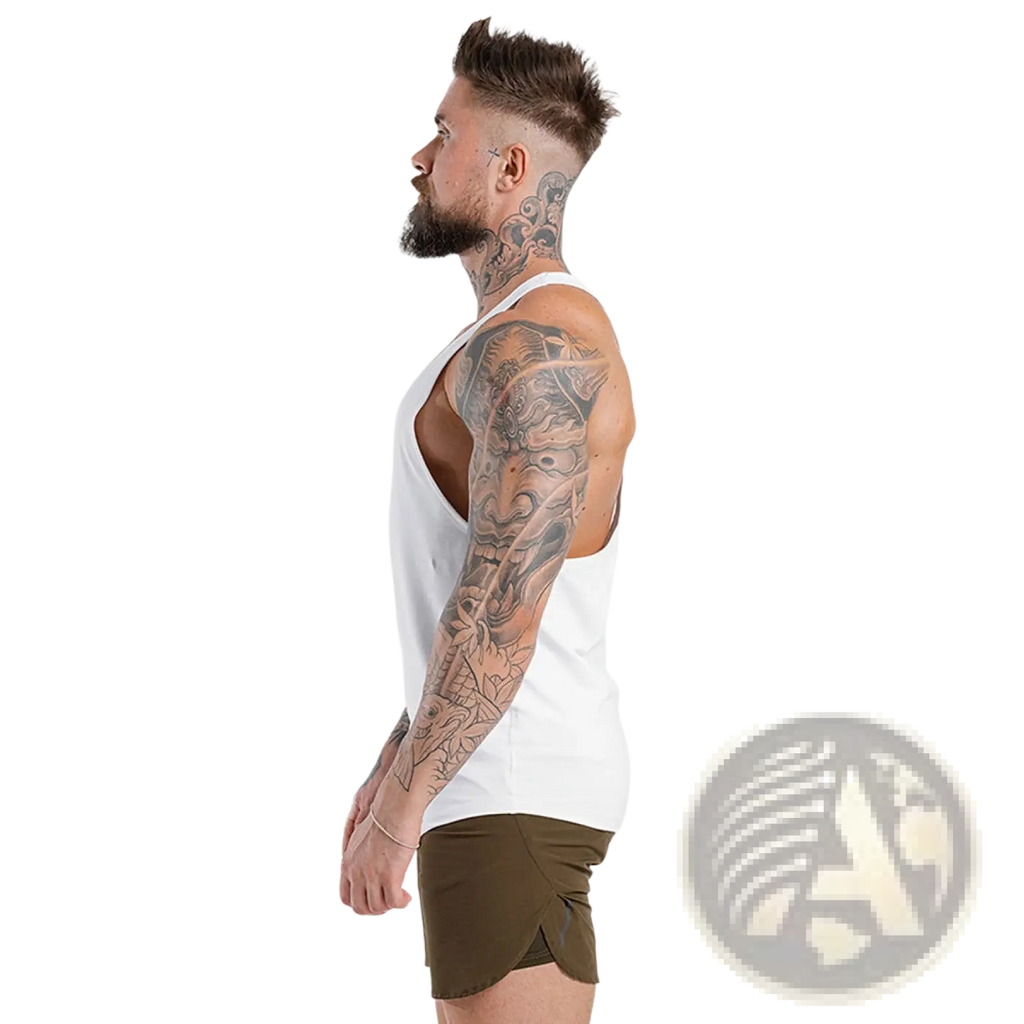 Men’s go hard racerback athletic tank top in white sleeveless design with breathable fabric for active use
