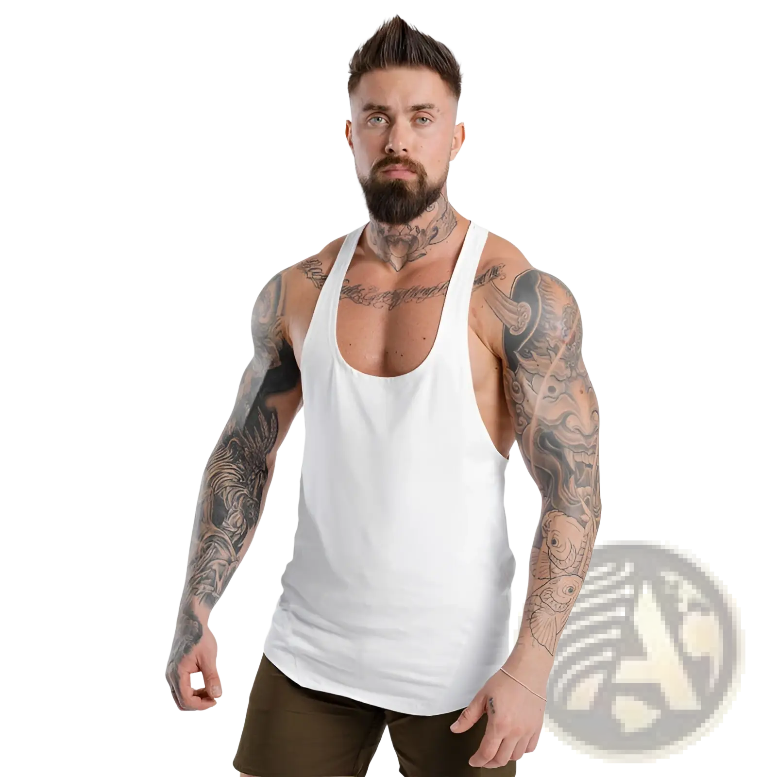 White sleeveless men’s go hard racerback athletic tank top designed for workout and sports activities