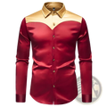 Mens gold trim satin dress shirt with glossy red body and contrasting gold satin collar and shoulder panels