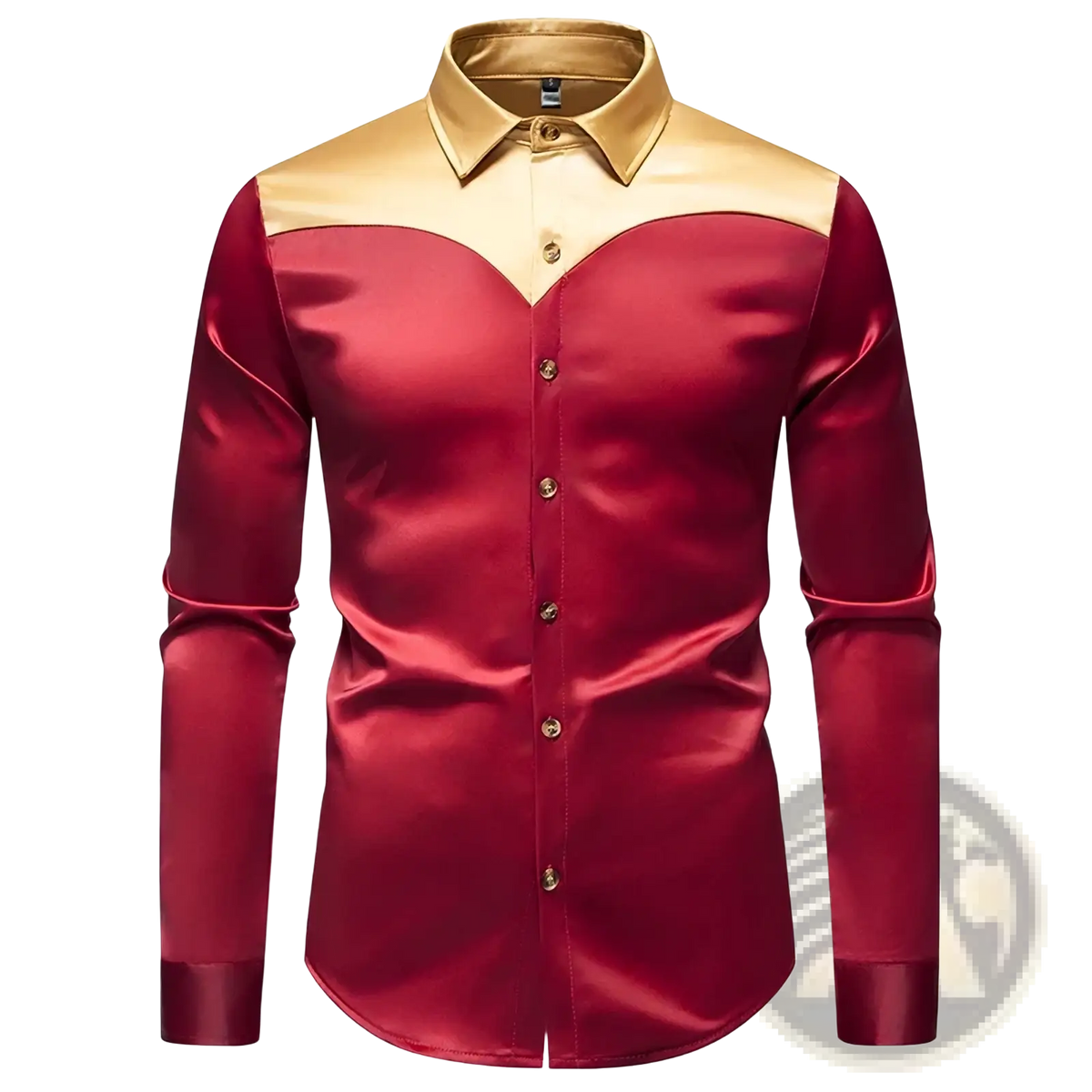 Mens gold trim satin dress shirt with glossy red body and contrasting gold satin collar and shoulder panels