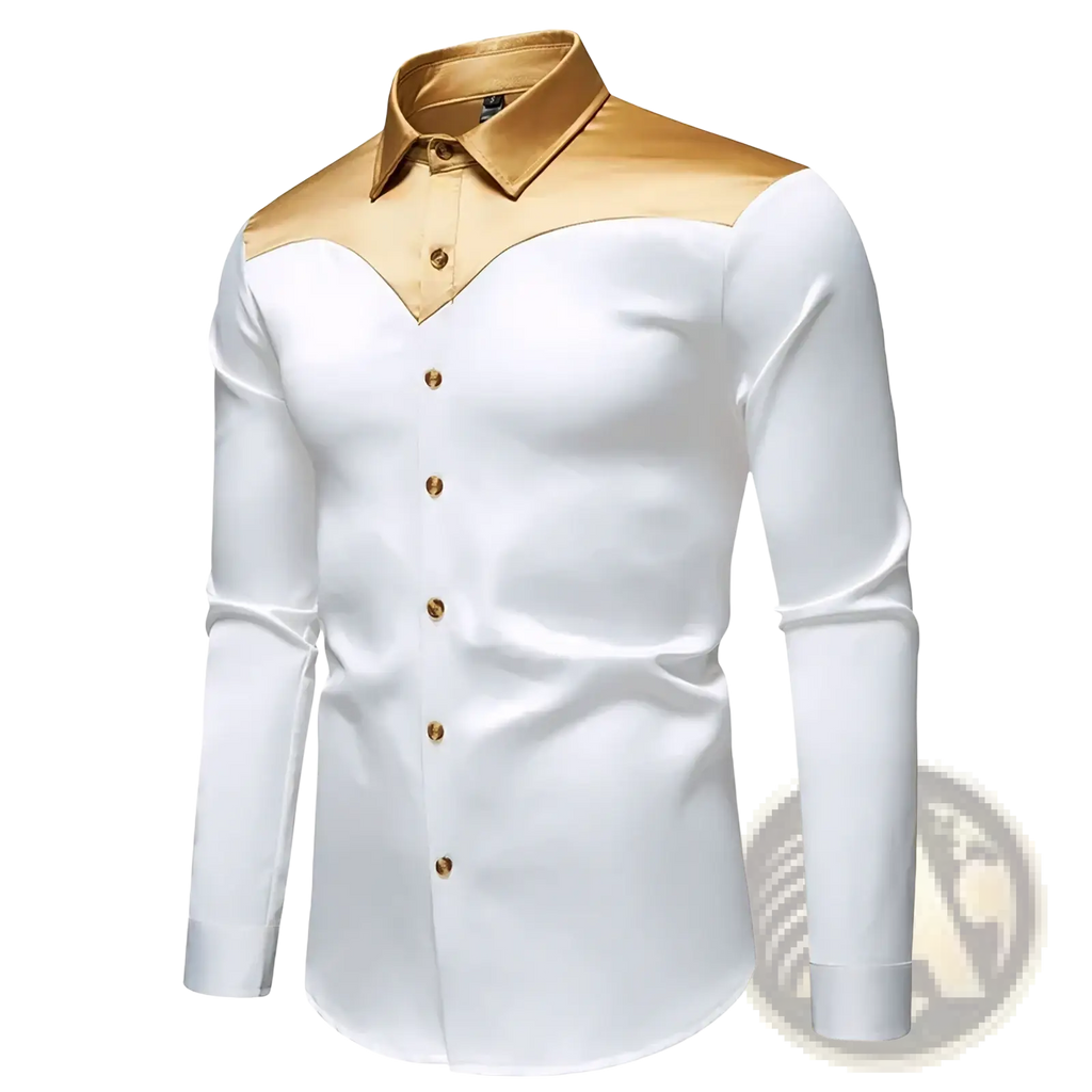Mens gold trim satin dress shirt in white with gold collar shoulder panels and matching gold buttons