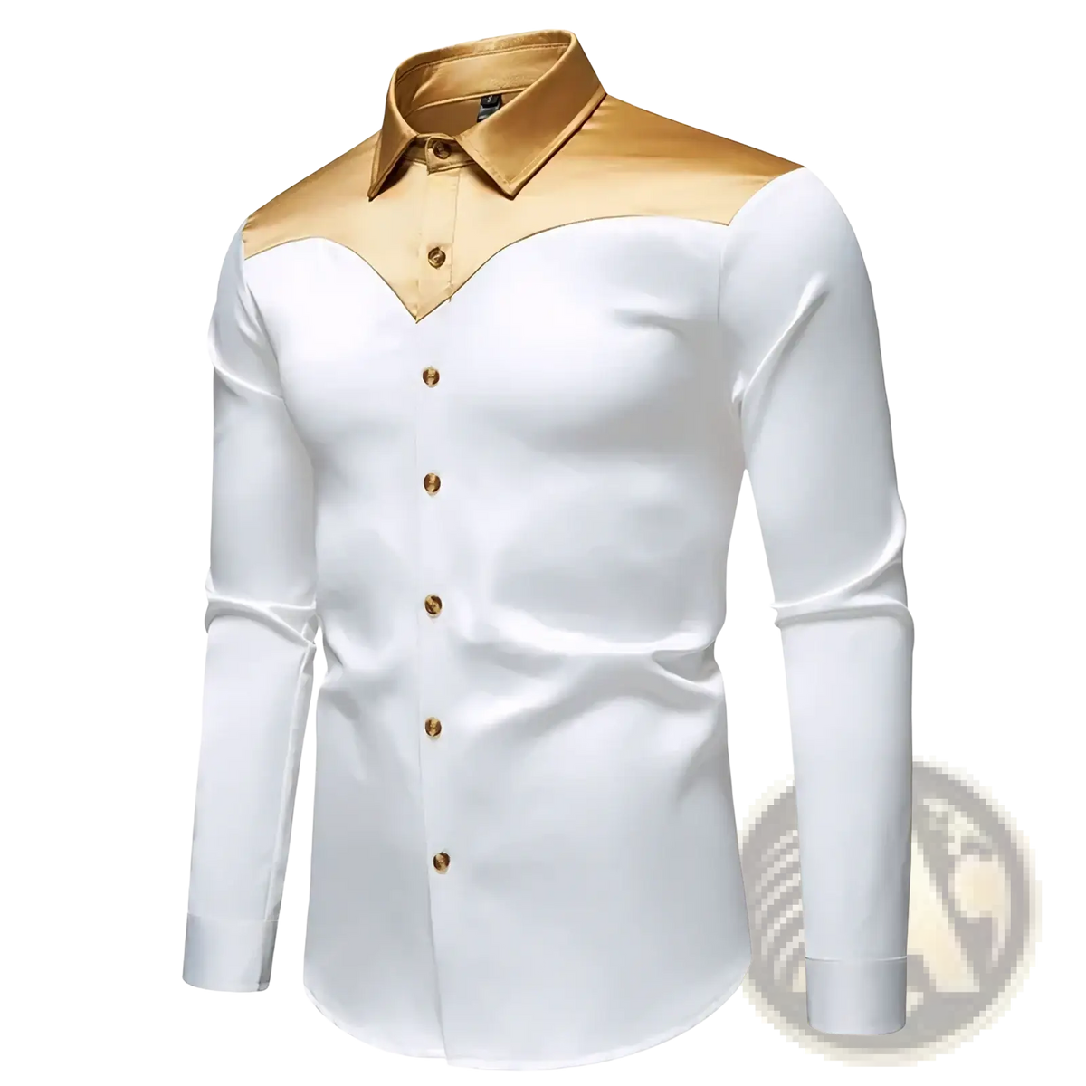 Mens gold trim satin dress shirt in white with gold collar shoulder panels and matching gold buttons