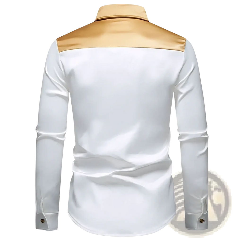 Mens gold trim satin dress shirt featuring white satin long sleeves with a contrasting gold satin collar and shoulder panel